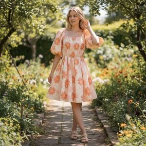Mazik Dress Women's S Orange Pink Floral Puff Sleeve Square Neck Fit & Flare